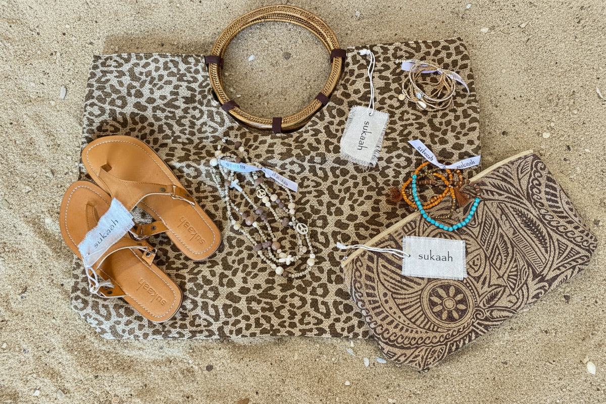 sukaah range of accessories, necklaces, bracelets, clutch and leather sandals