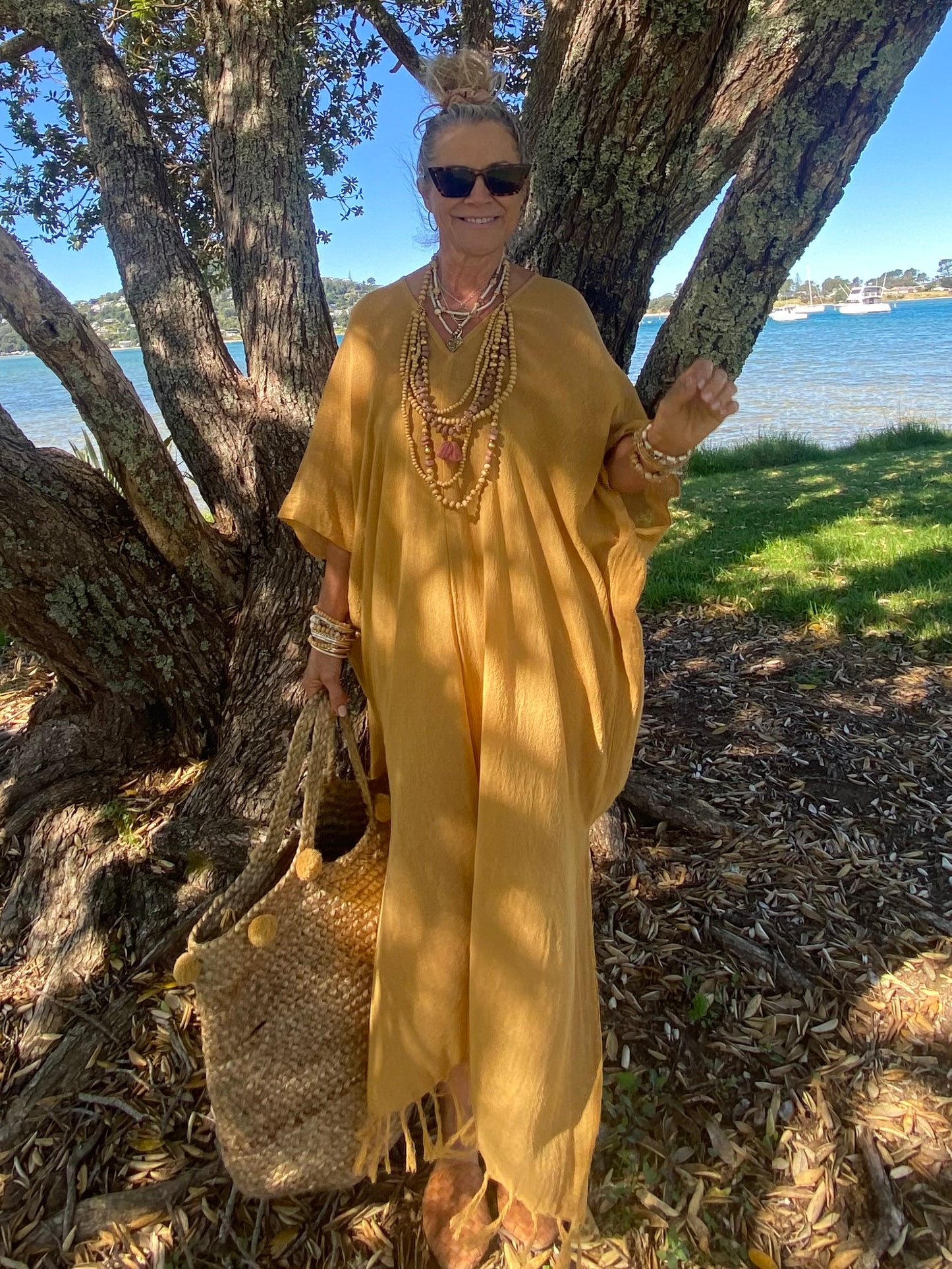 Women’s sustainable ramie kaftan Australia – natural fibre lightweight resort wear by Sukaah.