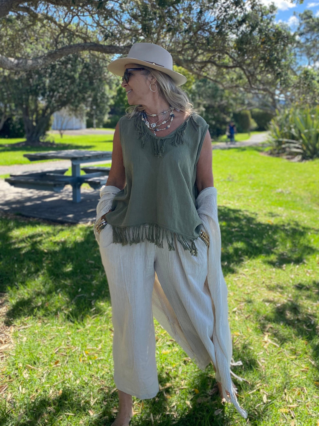 Natural fibre clothing by Sukaah featuring the Cinta Ramie Top styled with high-waisted ramie long pocket pants and ramie kimono jacket in sustainable Australian resort wear.