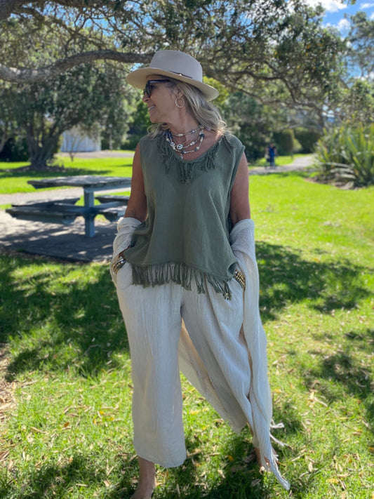 Natural fibre clothing by Sukaah featuring the Cinta Ramie Top styled with high-waisted ramie long pocket pants and ramie kimono jacket in sustainable Australian resort wear.