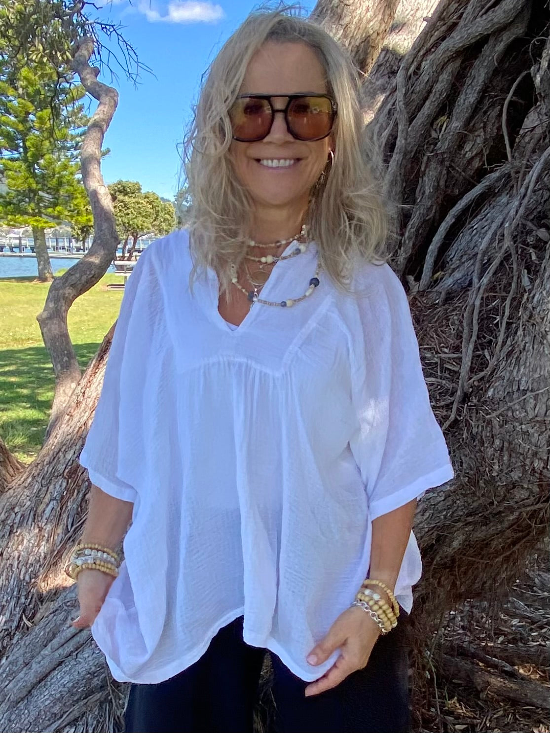  Women’s white ramie blouse with relaxed fit, natural fibre summer clothing Australia