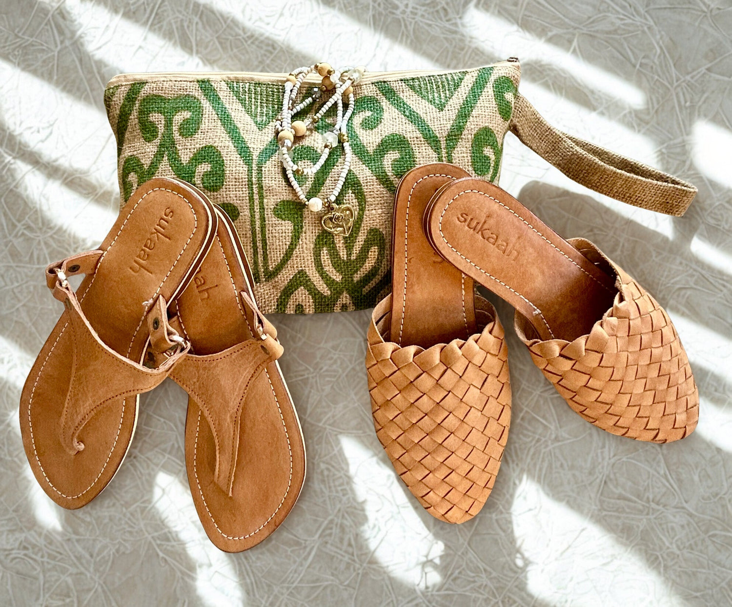 Sukaah Hesian Clutch with leather sandals and beaded necklance 