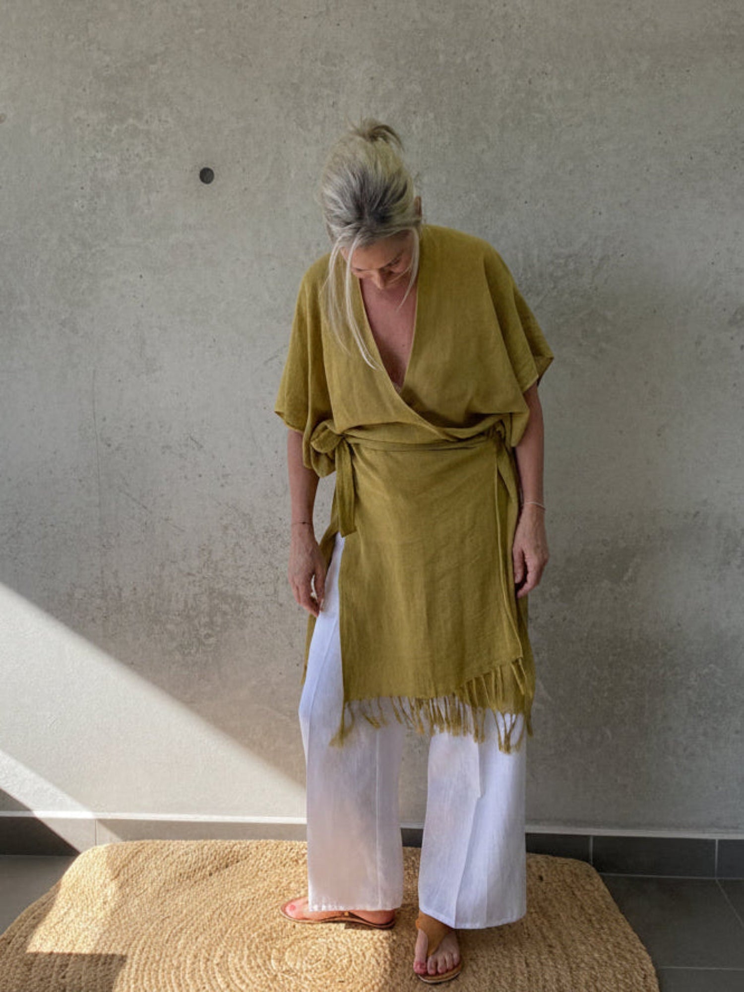 Women’s olive ramie wrap dress in breathable natural fibre, lightweight resort wear Australia