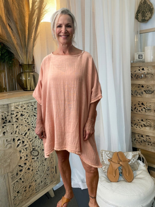Woman wearing SUKAAH ramie natural fibre raw edge top in dusty pink – women's natural fibre clothing