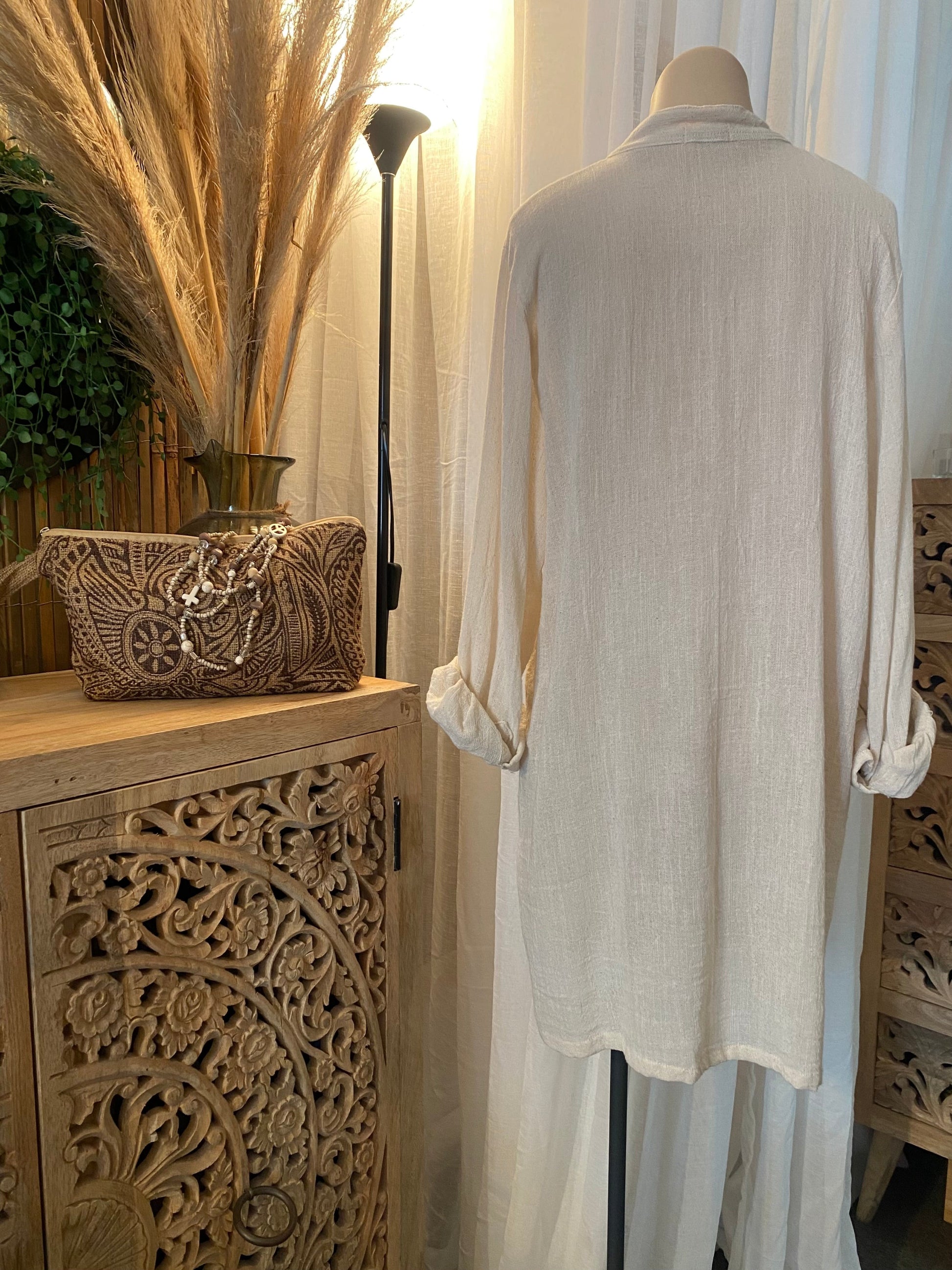 Back view of women’s ramie fabric long shirt made from natural fibre
