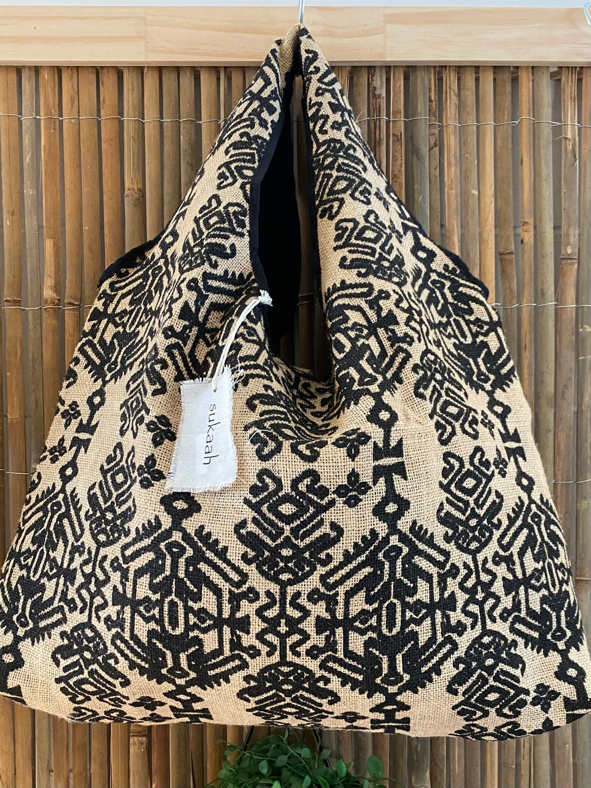 Sukaah  black hesian tote bag natural material artisan made 