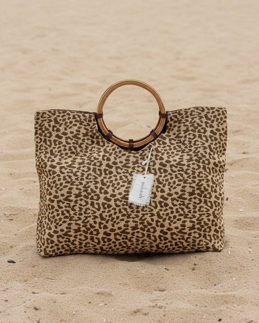 Sukaah hesian rattan handle bag in brown 