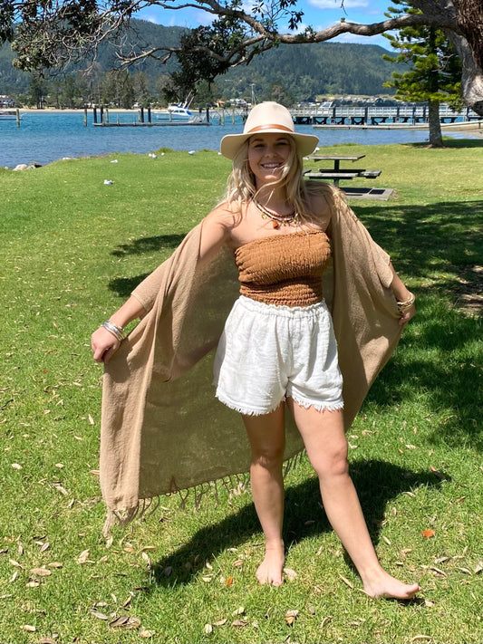 Woman wearing SUKAAH ramie boobtube top in brown – breathable natural fibre clothing Australia