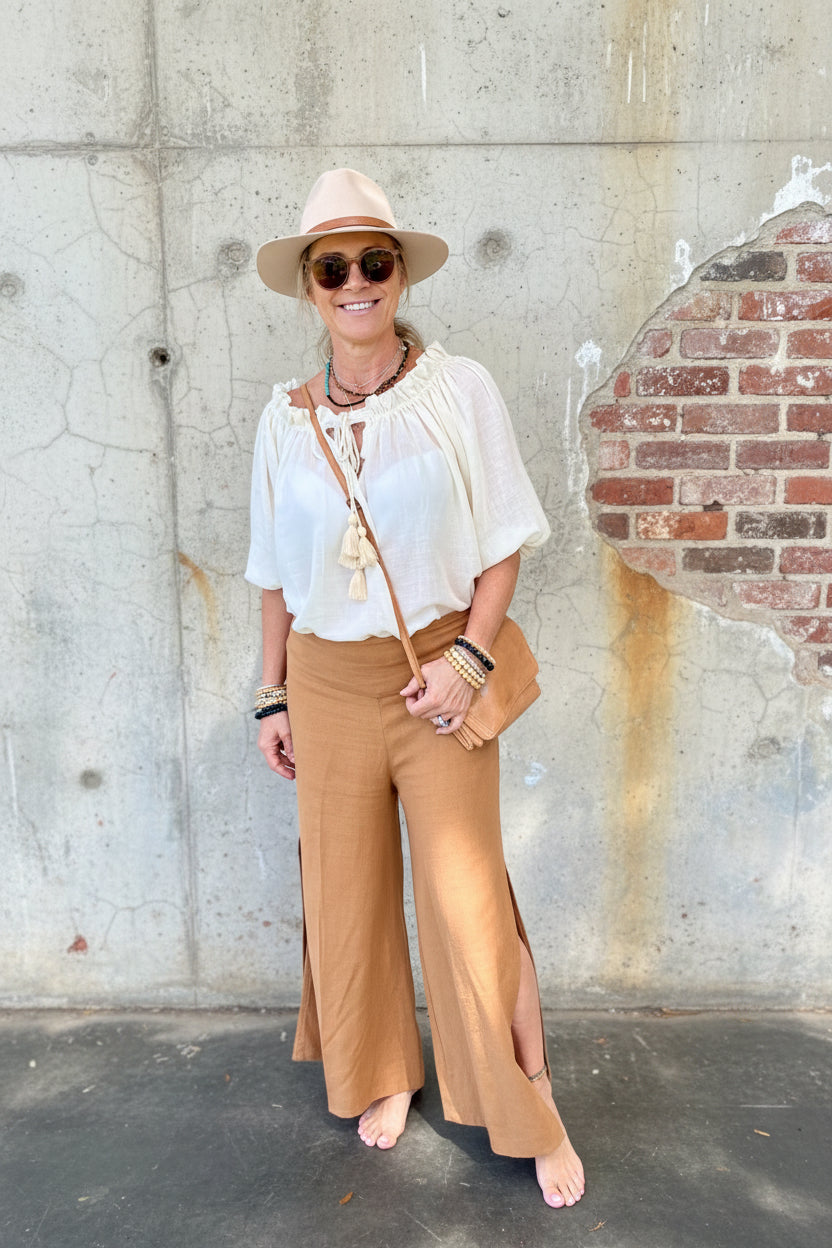 Lightweight ramie long pants by Sukaah designed for breathable Australian resort wear. colour brown