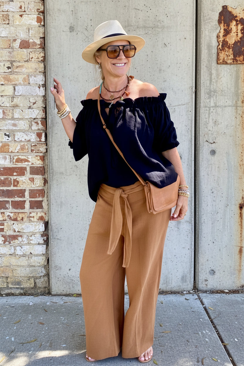 Women’s sustainable ramie resort trousers Australia – brown - natural fibre fashion by Sukaah.