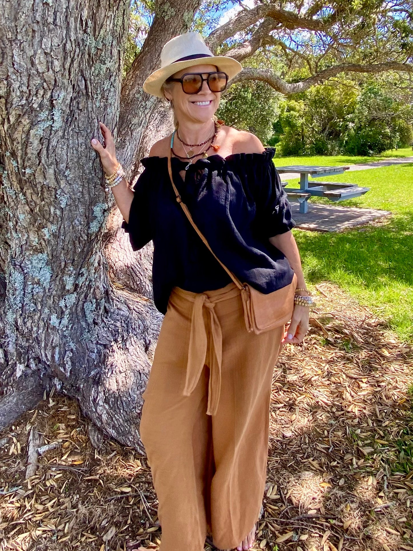 Women’s sustainable ramie resort trousers Australia – brown - natural fibre fashion by Sukaah.