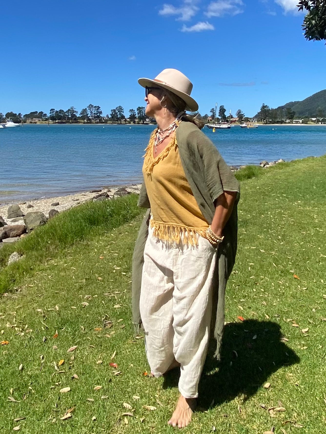 Women’s eco-friendly ramie kimono jacket in olive by Sukaah Australia.