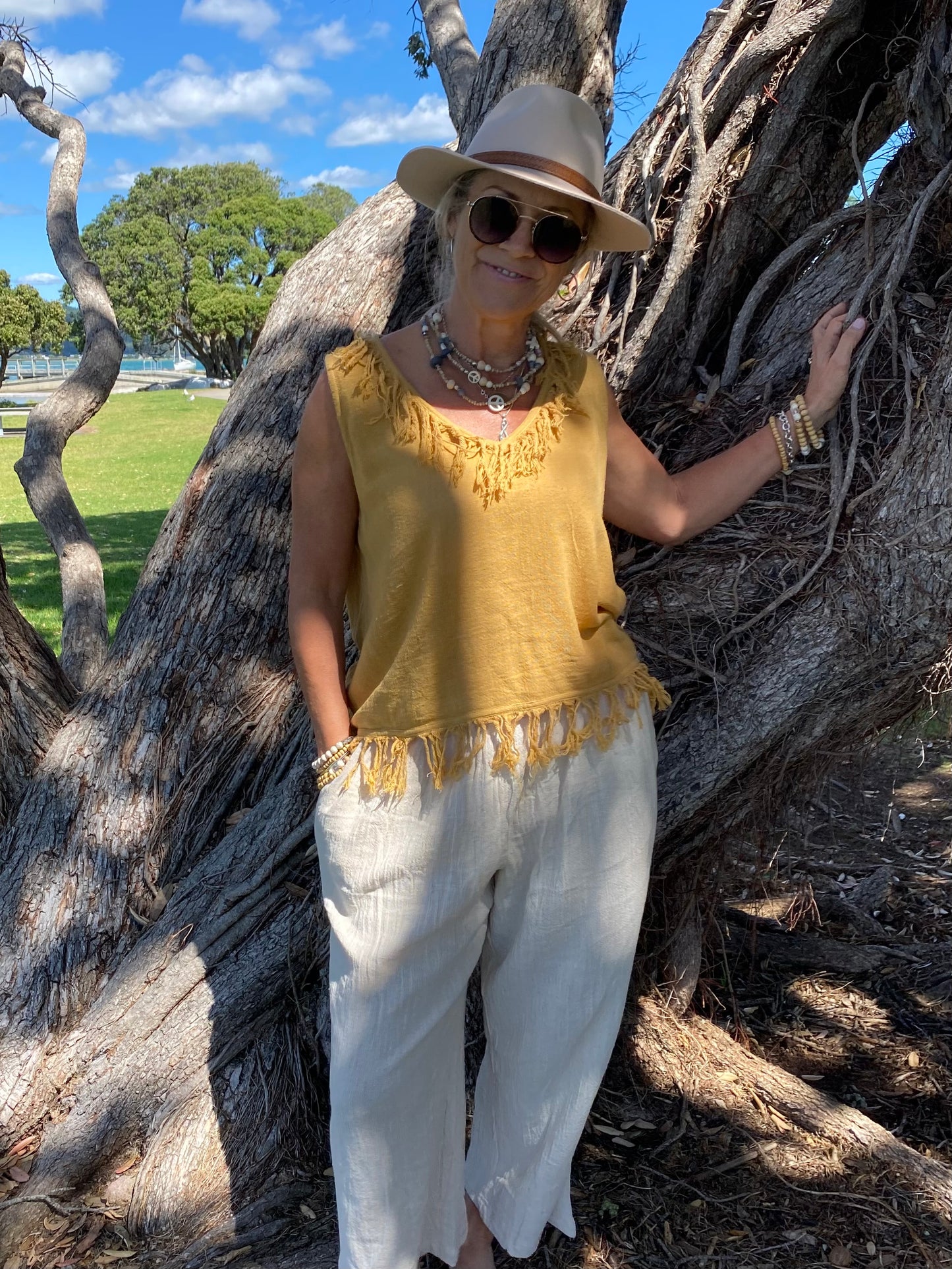 Sukaah Cinta Ramie Top in natural fibre – sustainable women’s resort wear Australia. Mustard in colour 