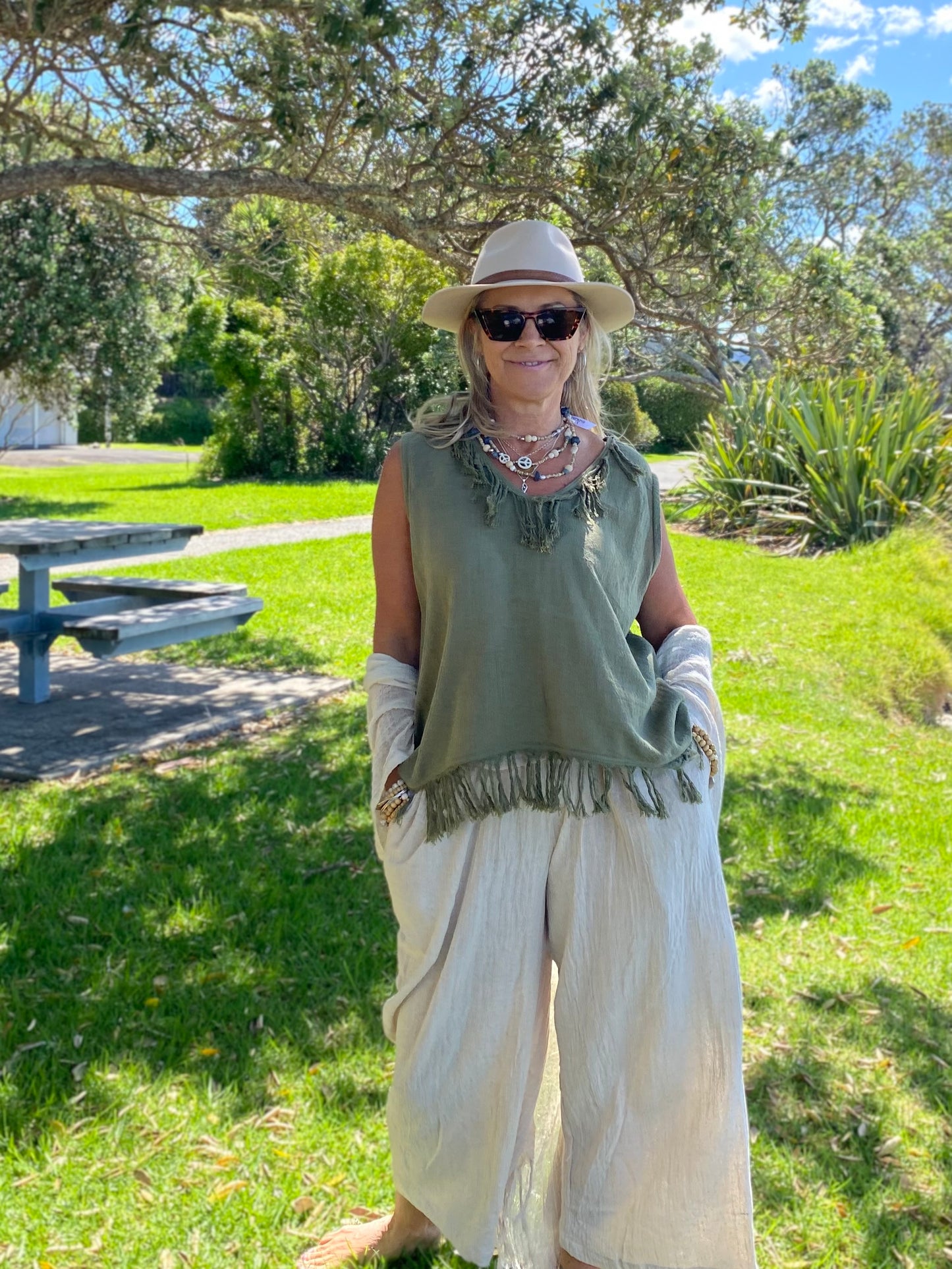 Sustainable ramie women’s top Australia – lightweight feminine design by Sukaah. Olive in colour 