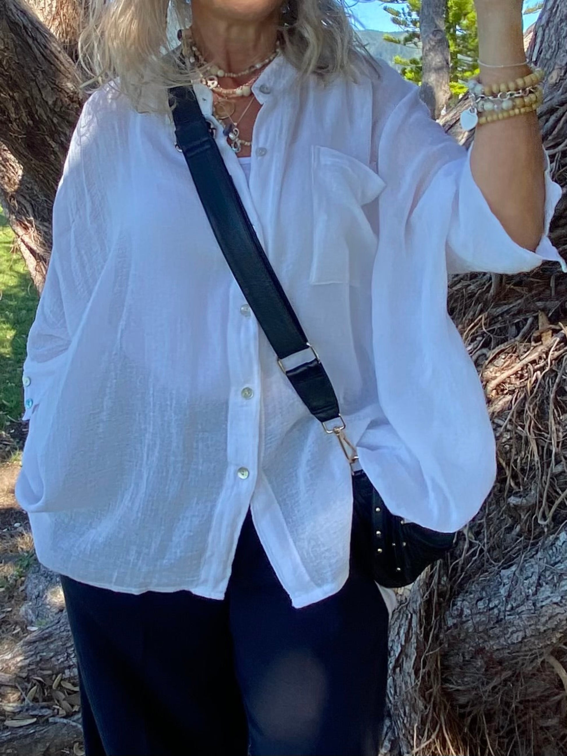 Relaxed fit SUKAAH Isabella Bag Shirt – lightweight ramie natural fibre shirt warm climates