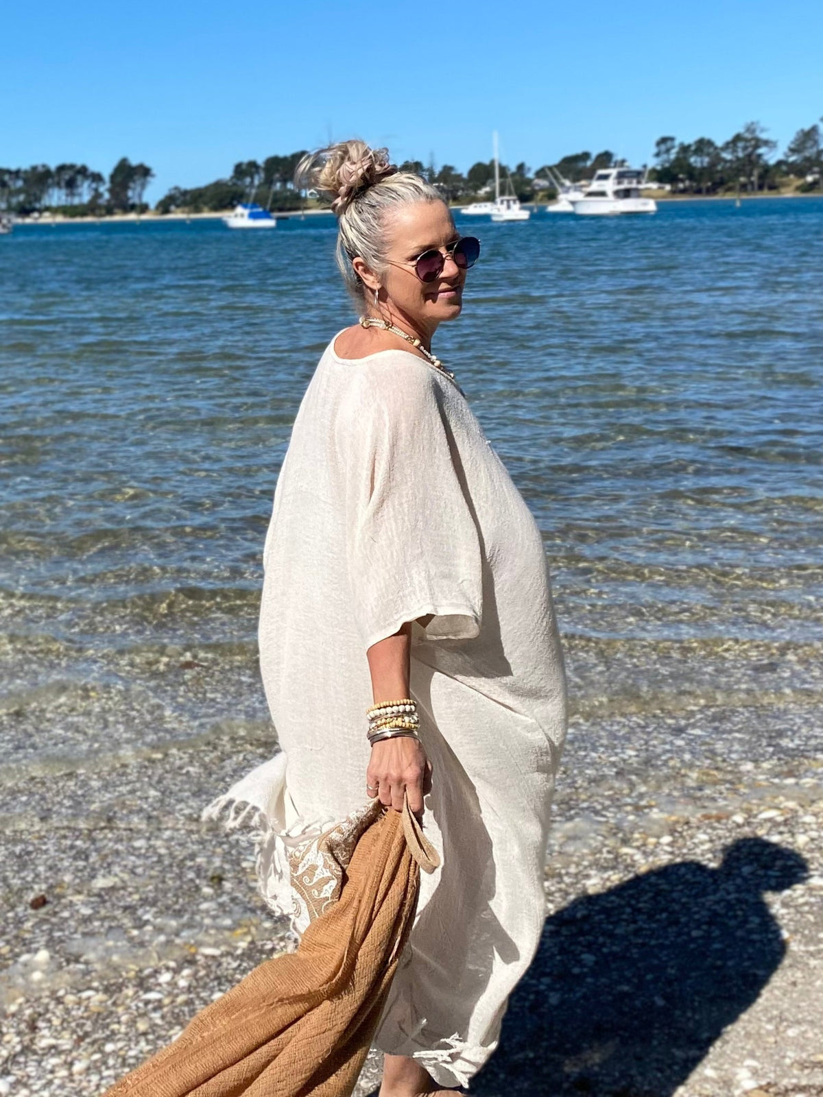 SUKAAH ramie kaftan in natural colour, lightweight plant-based fabric with flowing shape for warm weather wear