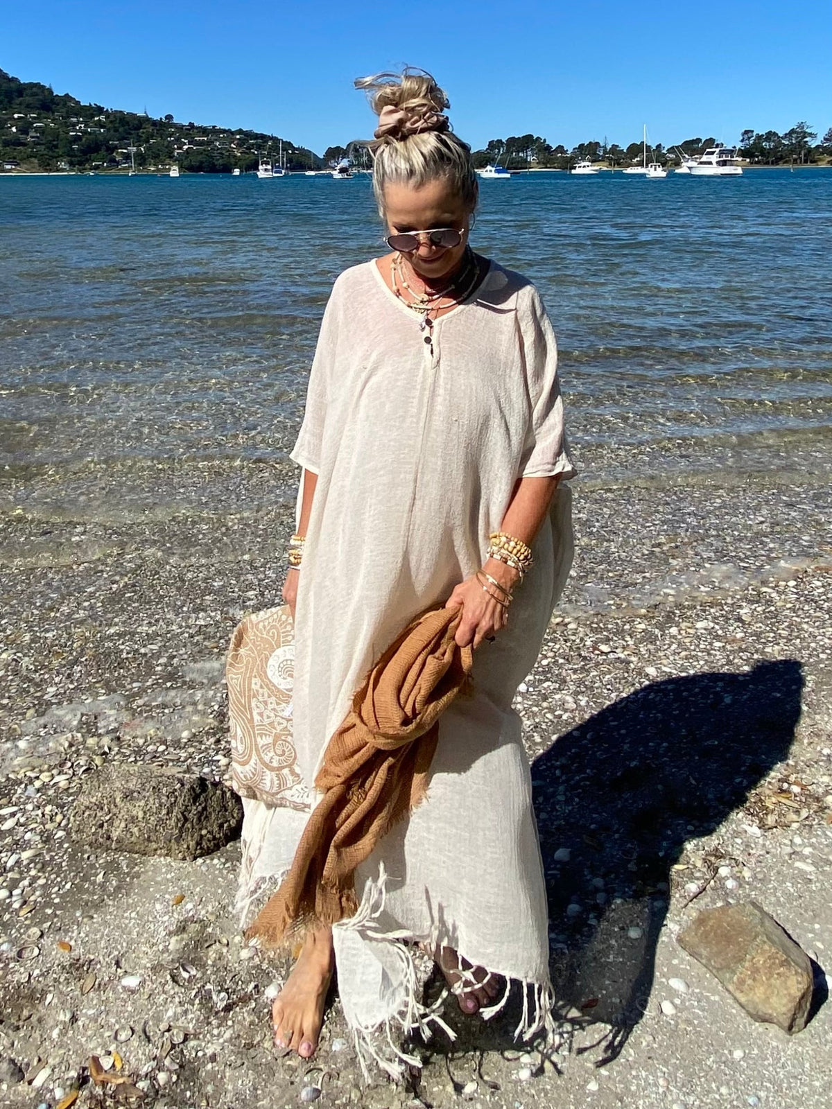 Natural fibre ramie kaftan in undyed natural tone, relaxed coastal resort style by SUKAAH