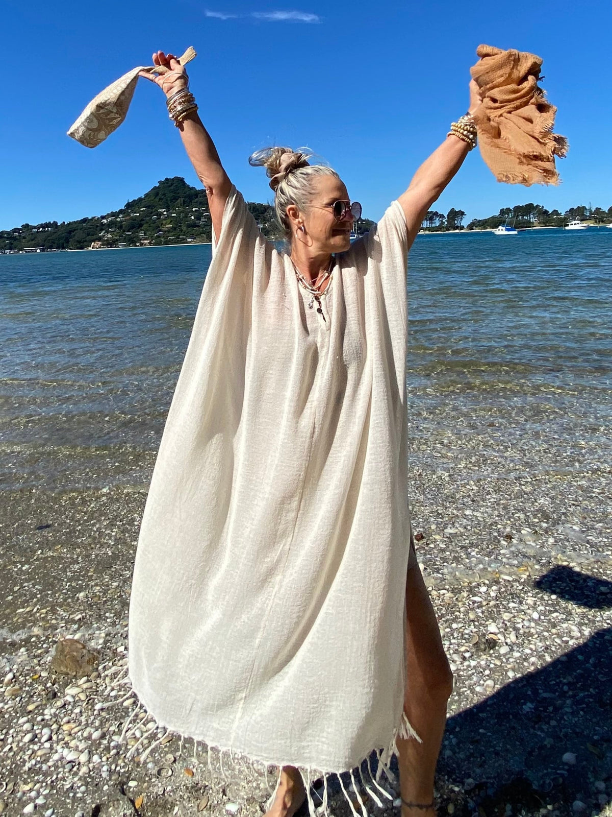 SUKAAH natural colour ramie kaftan in breathable natural fibre with relaxed drape, lightweight resortwear for warm climates