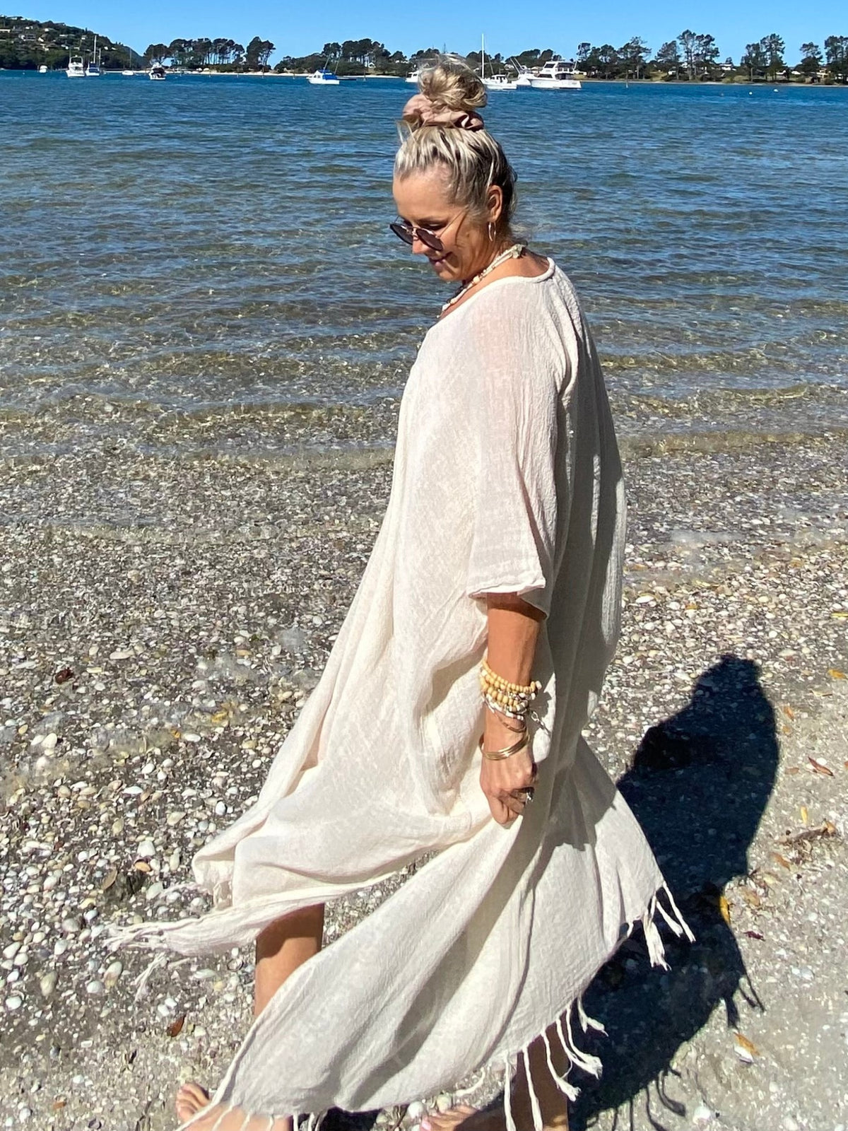 Women’s natural ramie kaftan by SUKAAH in soft plant-based fibre, airy silhouette designed for effortless summer dressing