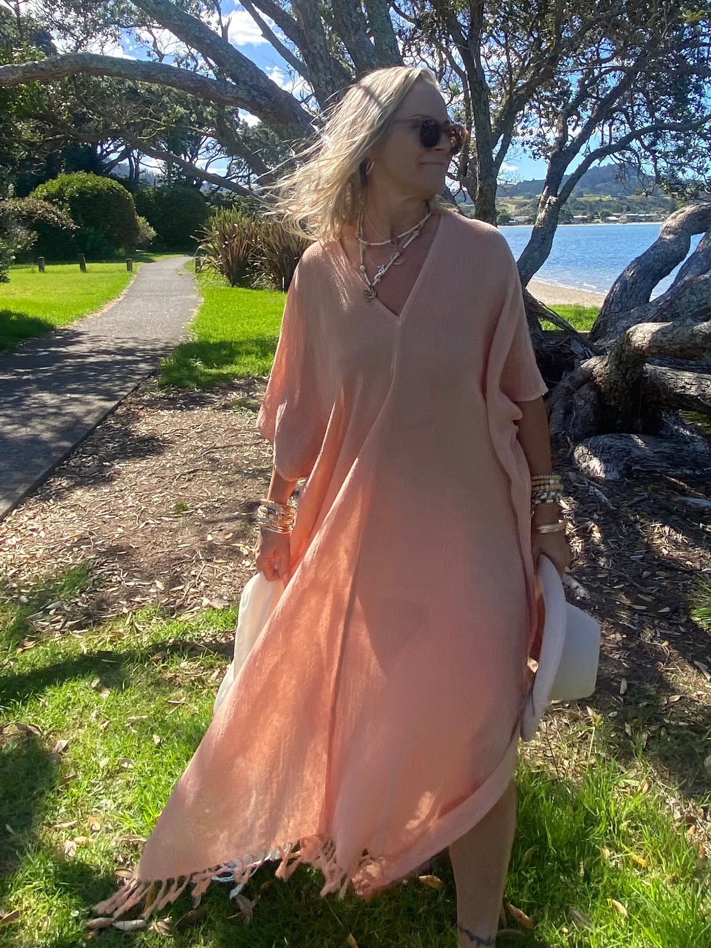 Women’s natural fibre ramie kaftan by Sukaah – breathable lightweight feminine resort wear Australia.