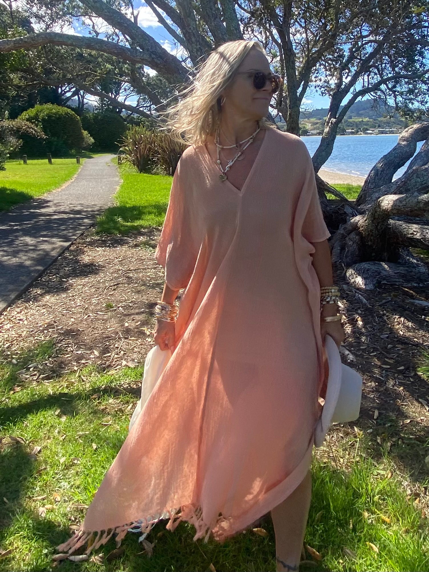 Women’s natural fibre ramie kaftan by Sukaah – breathable lightweight feminine resort wear Australia.