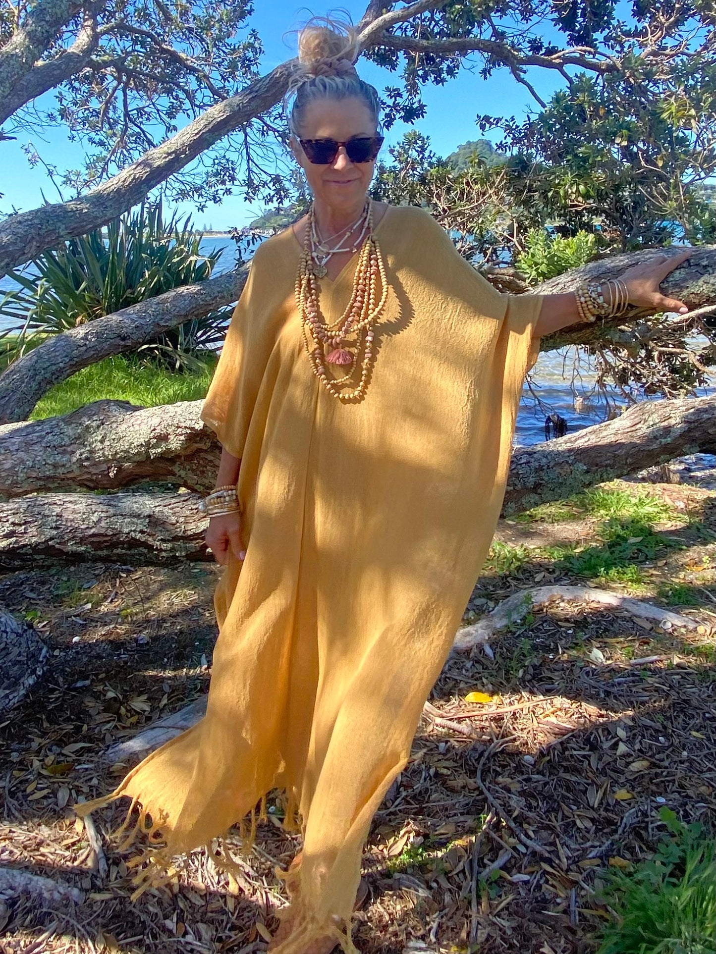 Sukaah women’s breathable ramie kaftan – feminine sustainable beach and resort wear Australia.