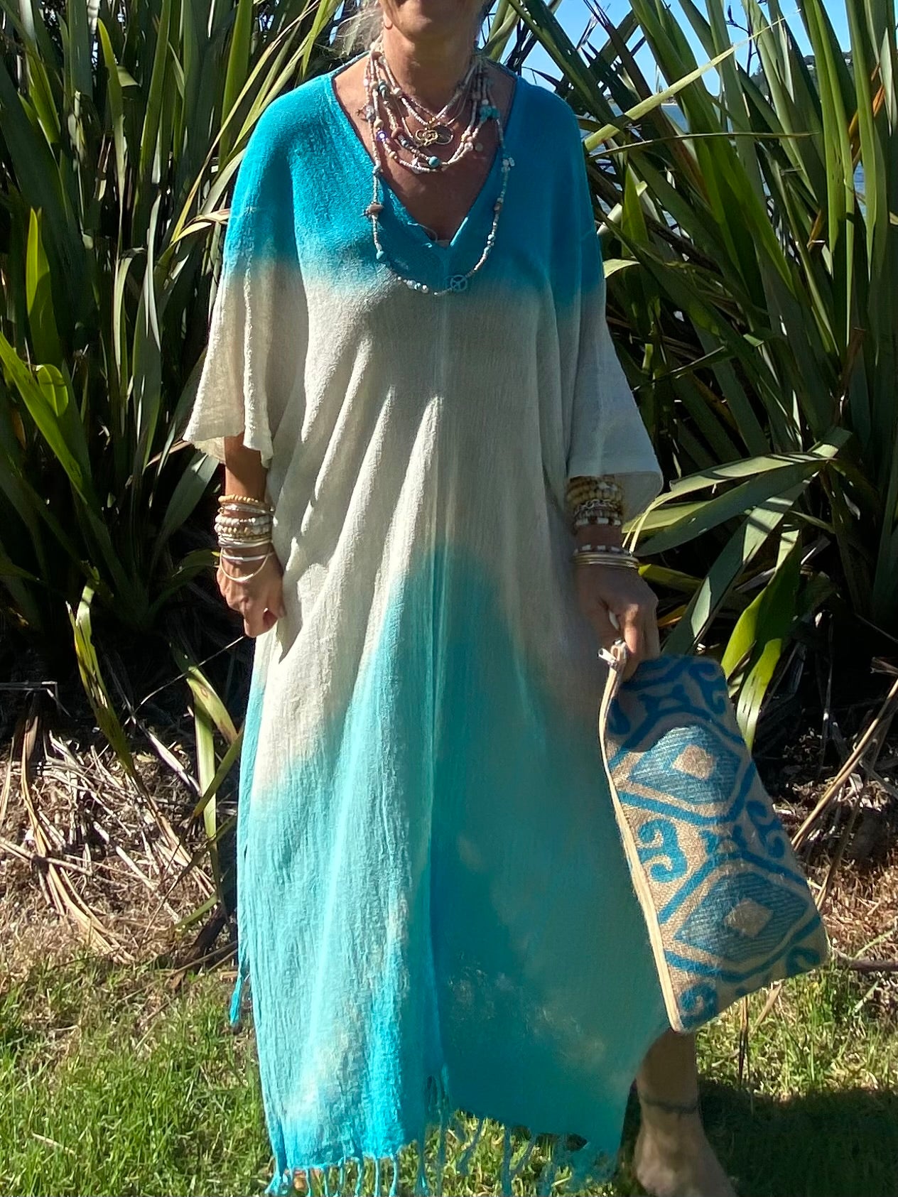 Women’s sustainable ramie kaftan Australia – natural fibre lightweight resort wear by Sukaah.
