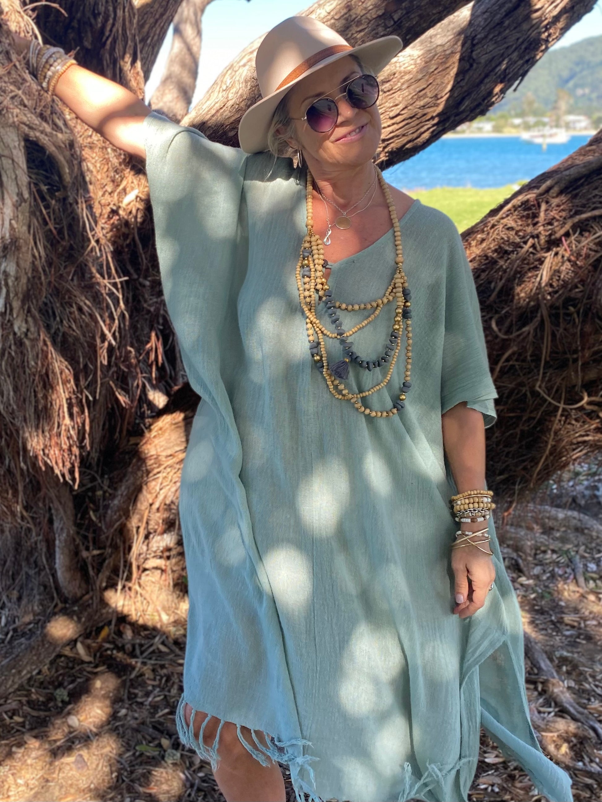 Sukaah women’s natural fibre kaftan in ramie – breathable feminine summer clothing Australia