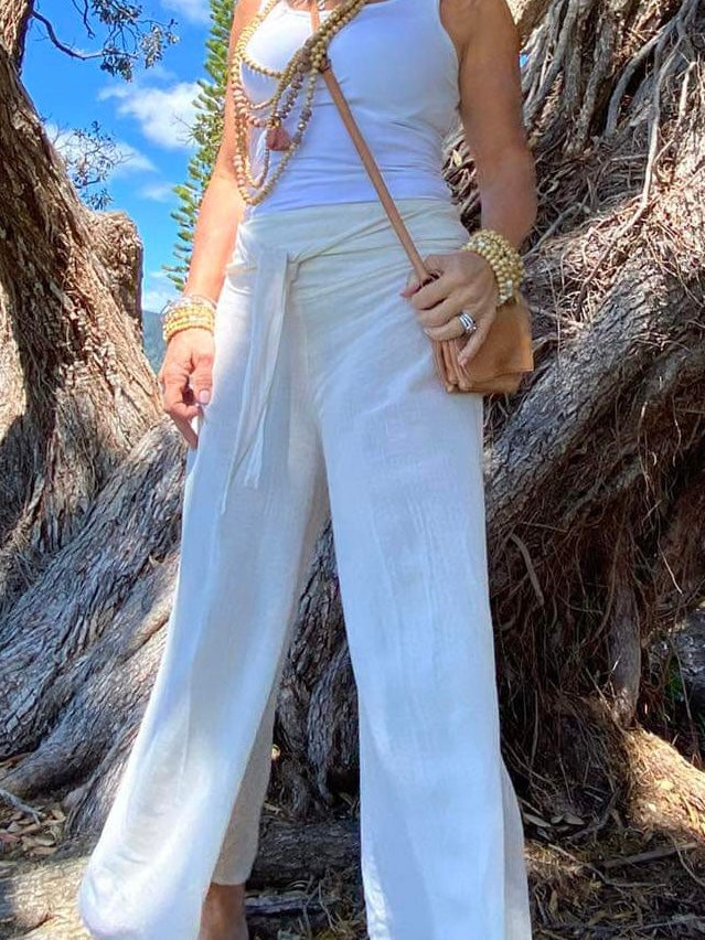 Sukaah breathable ramie long pants with fluid drape and relaxed feminine fit. Natural in colour 