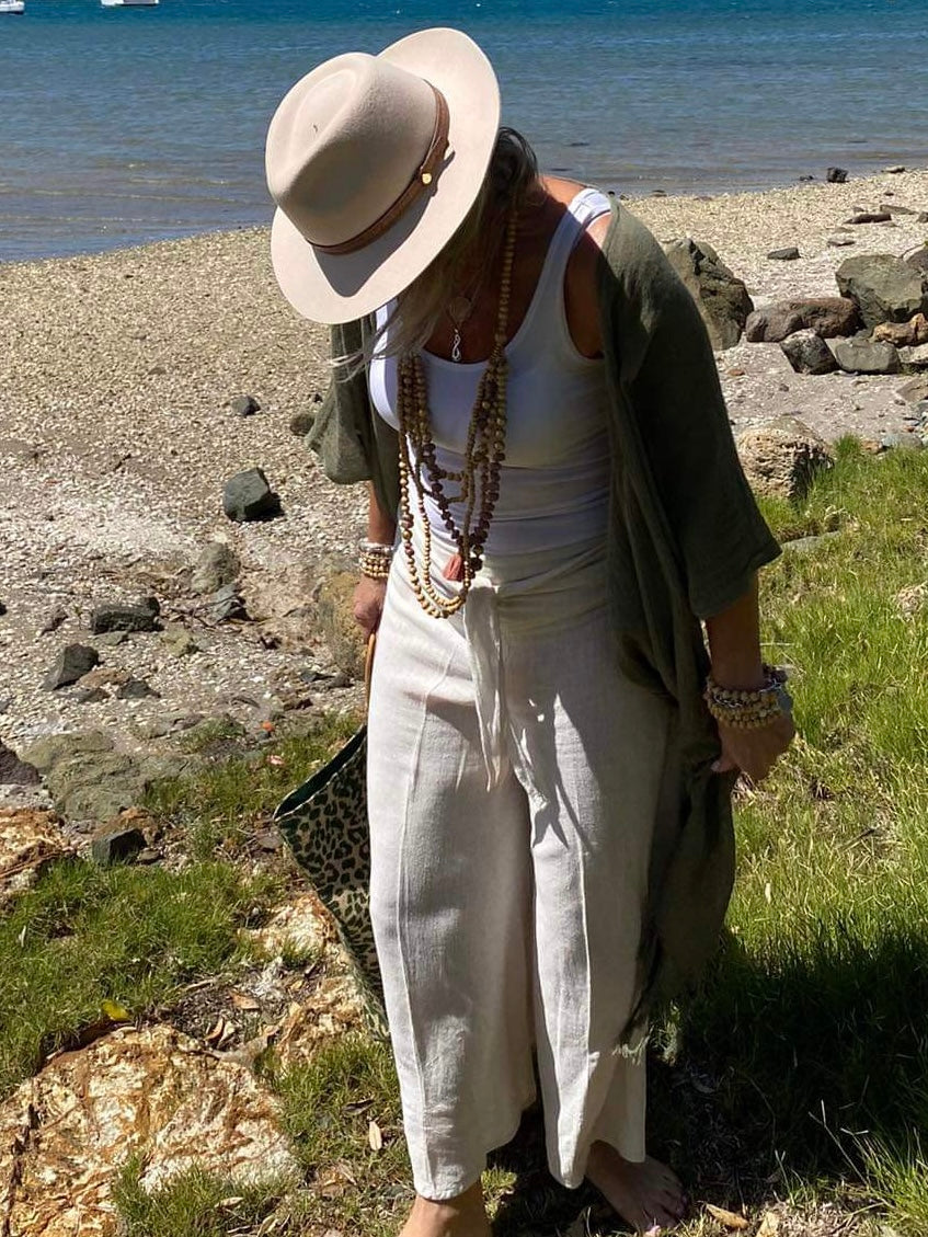 Breathable wide leg ramie pants by Sukaah for refined resort dressing. In Natural colour 