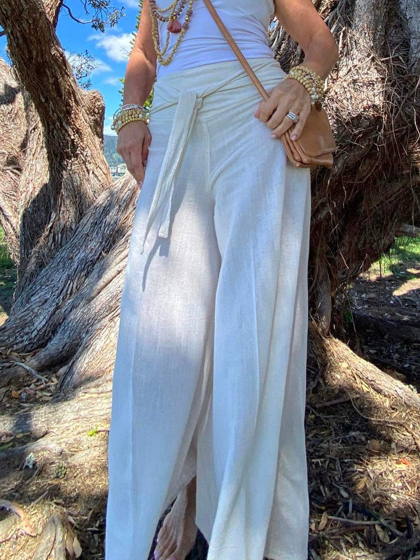 Sukaah eco-conscious ramie wide leg pants crafted for warm climate comfort  .