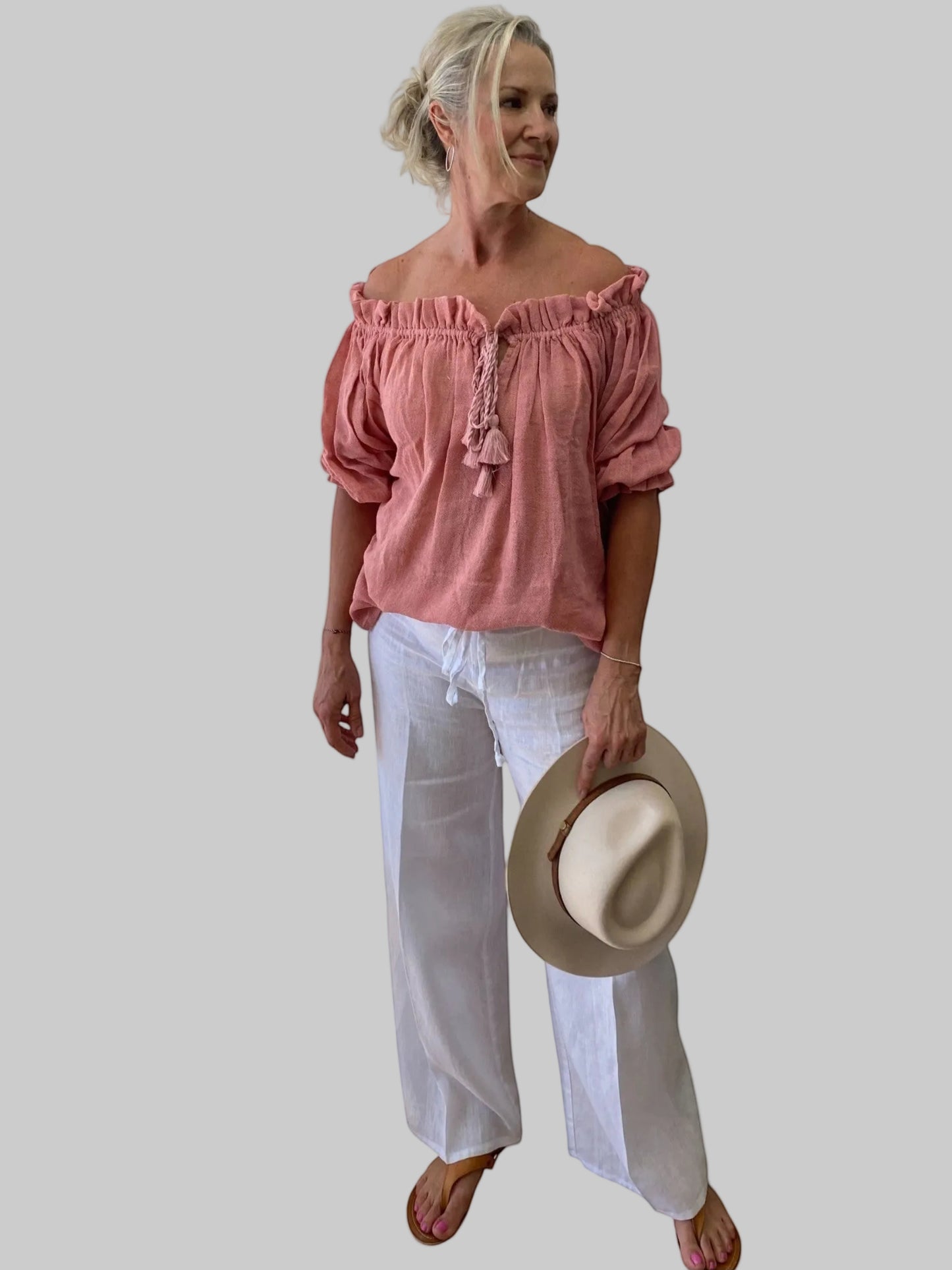 Breathable ramie natural fibre peasant top in dusty pink — off-shoulder women's resort blouse, ethically handwoven