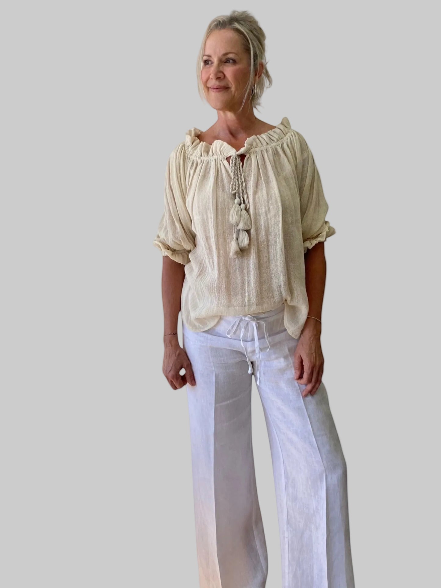SUKAAH women's peasant top in natural ramie fibre — relaxed fit, off-shoulder neckline, warm climate clothing Australia

