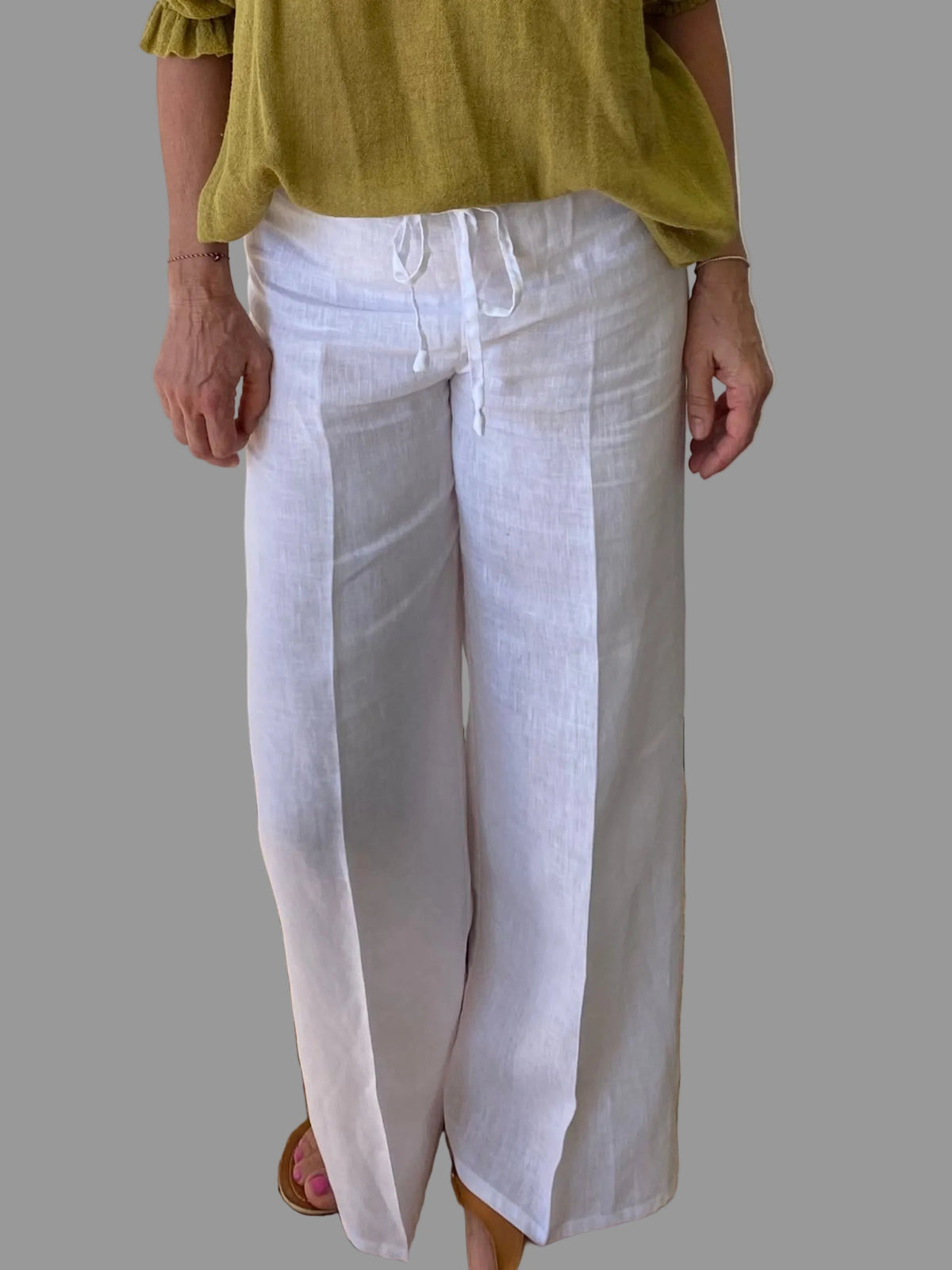 Women's ramie natural fibre wide leg pants in white — breathable resort wear, relaxed fit for warm climates Australia