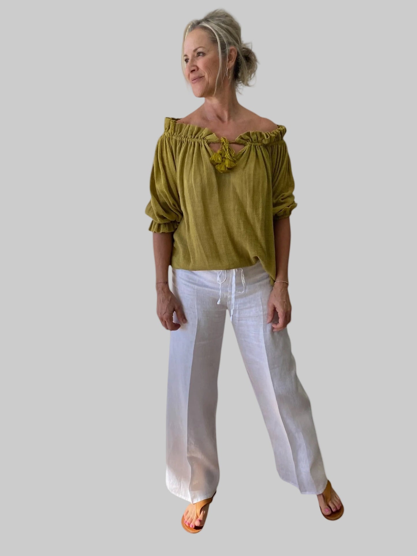 
Women's ramie natural fibre peasant top in moss— relaxed off-shoulder style, breathable resort wear, designed for warm climates