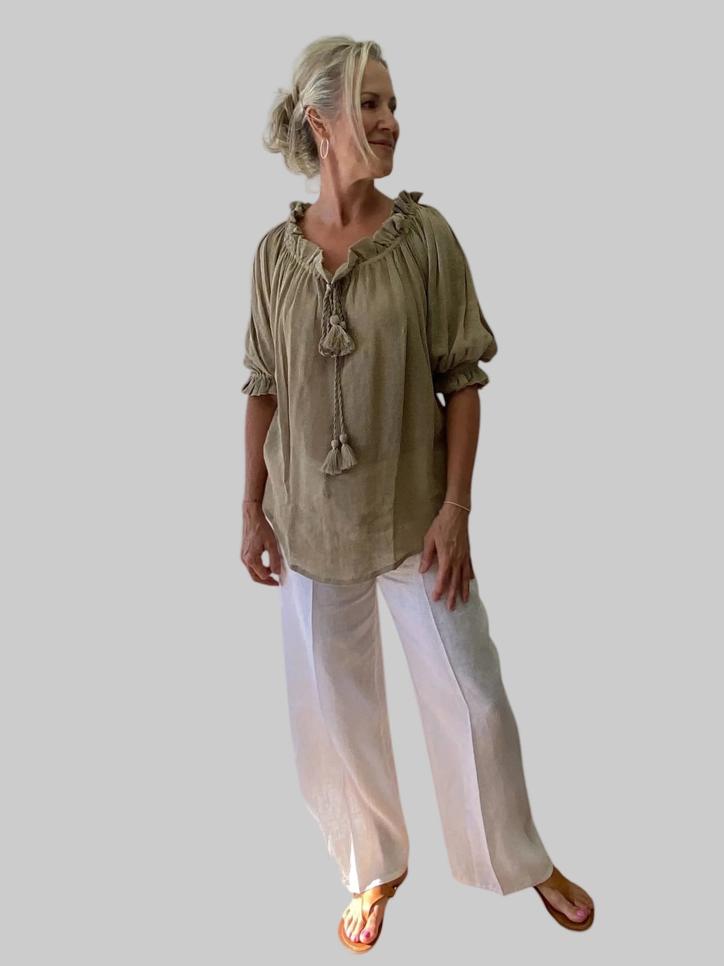 SUKAAH ramie peasant top in coffee— lightweight natural fibre blouse for women, beach to bar resort wear Australia
