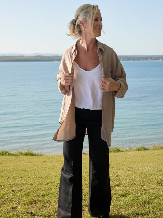 Woman wearing SUKAAH oversized cotton linen blend shirt in coffee – women's natural fibre clothing