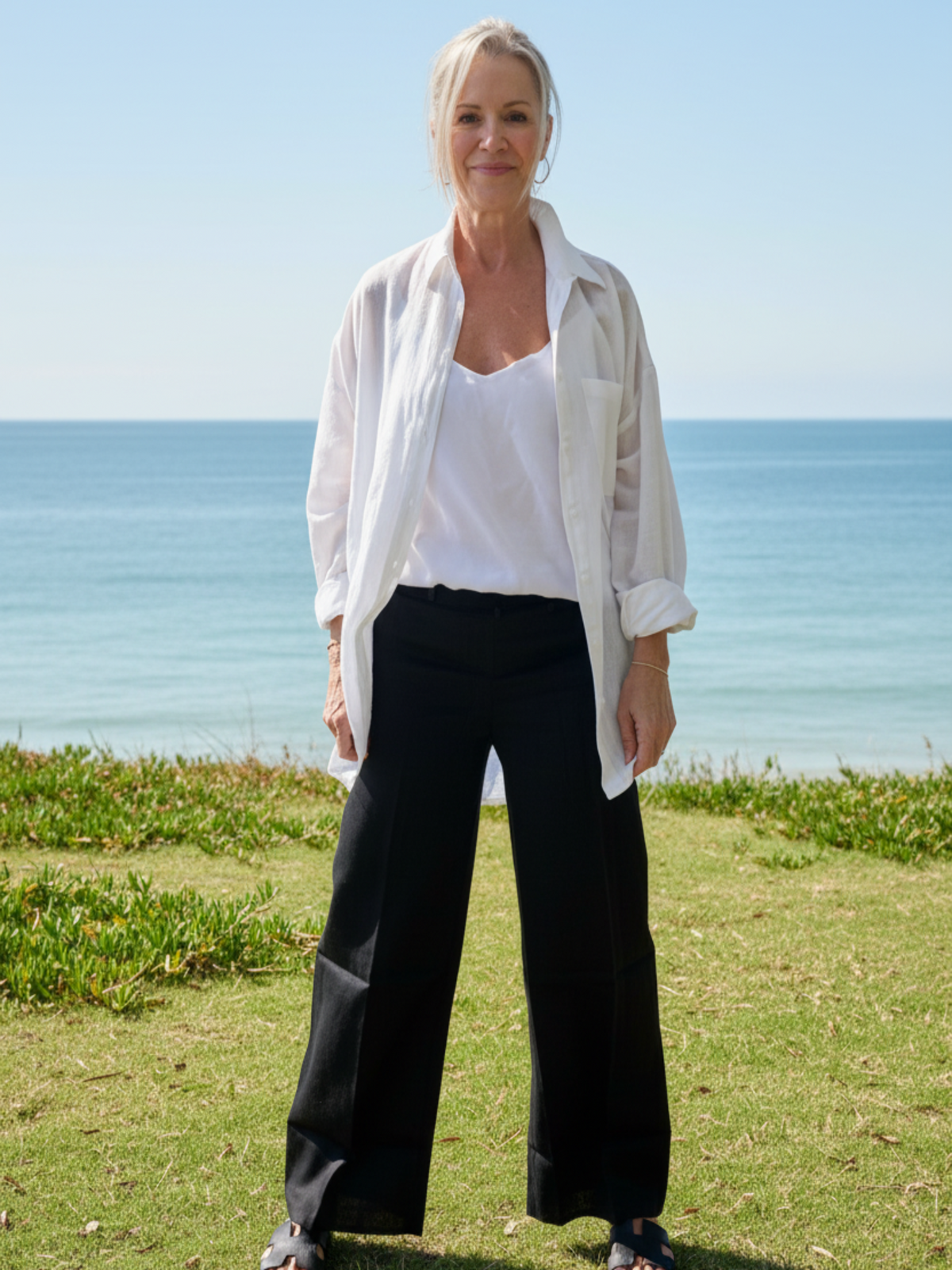Person wearing a white shirt and black pants standing on grass with ocean and blue sky in the background - Sukaah