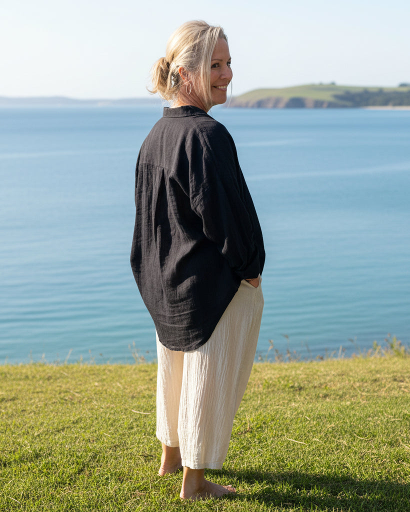 Back view natural cotten linen blend oversized shirt . Sukaah 