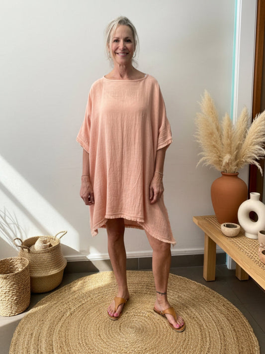 Women's natural fibre ramie tunic top dress in pink with small fringe 
