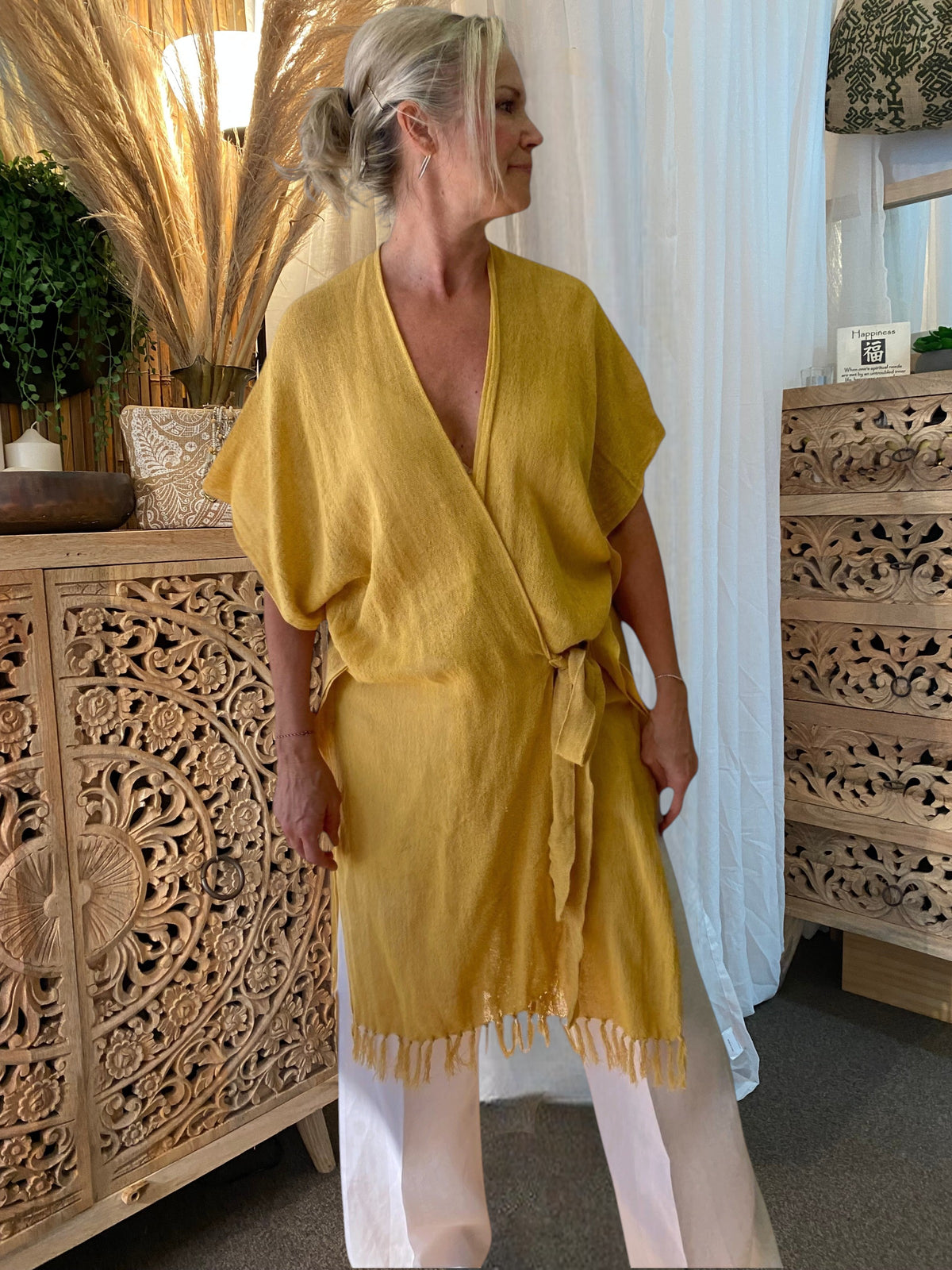 Natural fibre ramie wrap by Sukaah designed for warm climate dressing.
