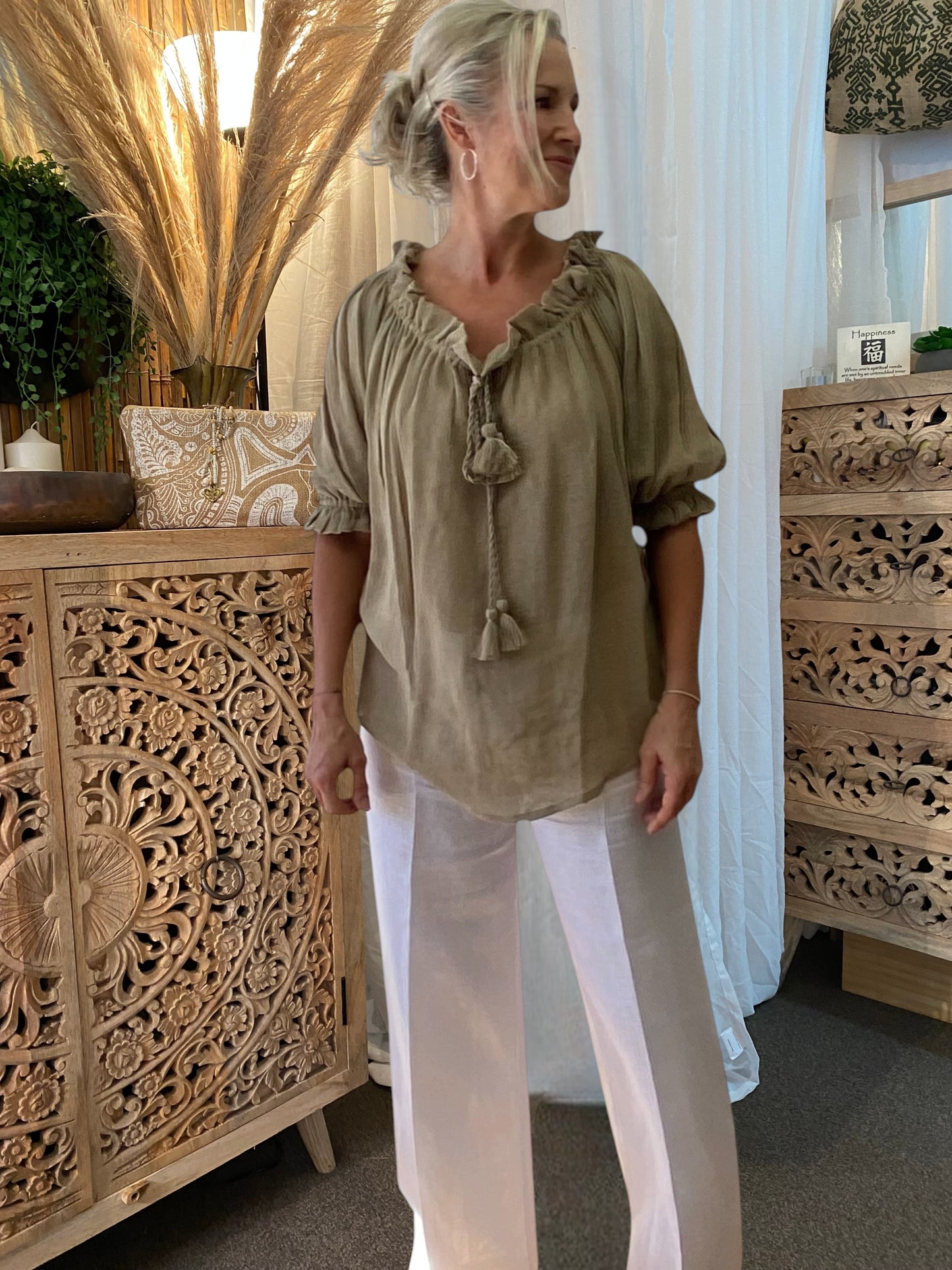 SUKAAH ramie peasant top in coffee— lightweight natural fibre blouse for women, beach to bar resort wear Australia