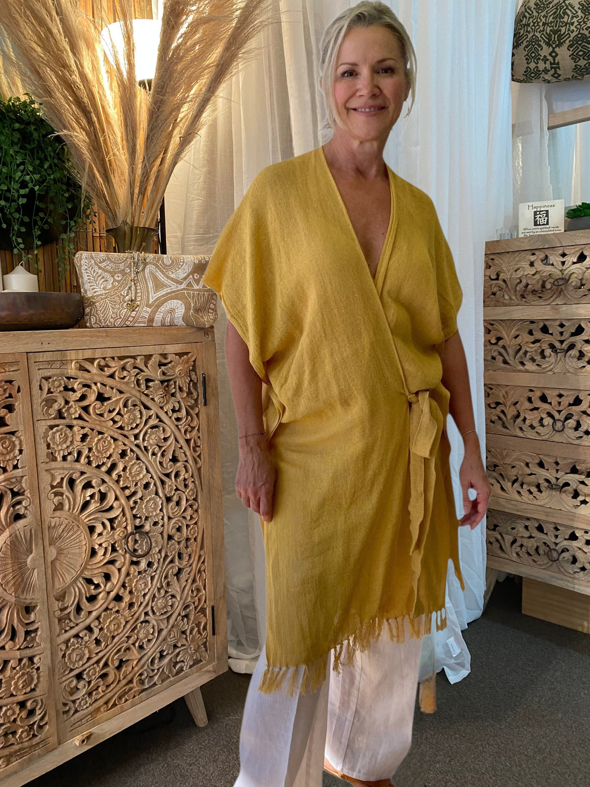 Woman wearing SUKAAH ramie wrap top in mustard – sustainable breathable women's clothing Australia