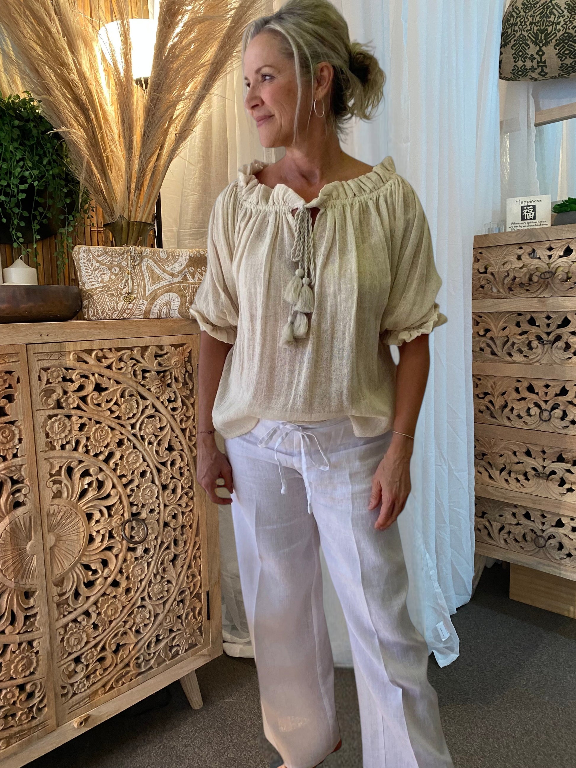 SUKAAH women's peasant top in natural ramie fibre — relaxed fit, off-shoulder neckline, warm climate clothing Australia