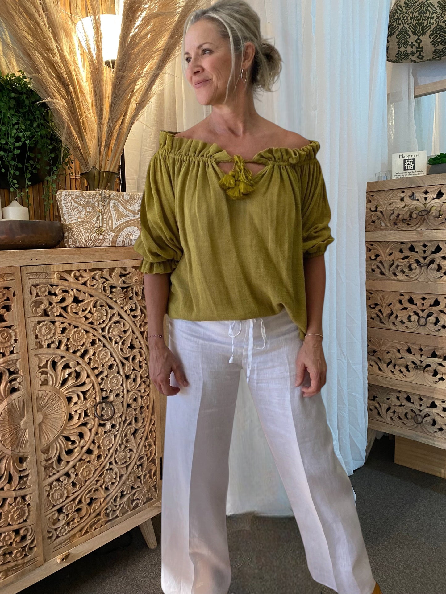 Women's ramie natural fibre peasant top in moss— relaxed off-shoulder style, breathable resort wear, designed for warm climates
